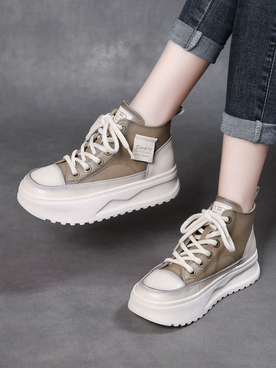 Women Retro Leather Patchwork Platform Lace-Up Shoes