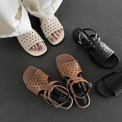 Summer Retro Leather Breathable Hollow Open Toe Sandals