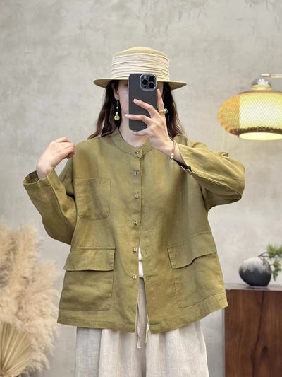 Babakud Autumn Retro Linen Washed Versatile Stand Collar Shirt