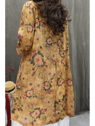 Women Yellow Stylish Retro Printed Mid-Length Ramie Blouse