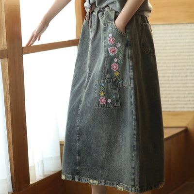 Women Spring Vintage Denim Embroidered Floral A-Line Midi Skirt