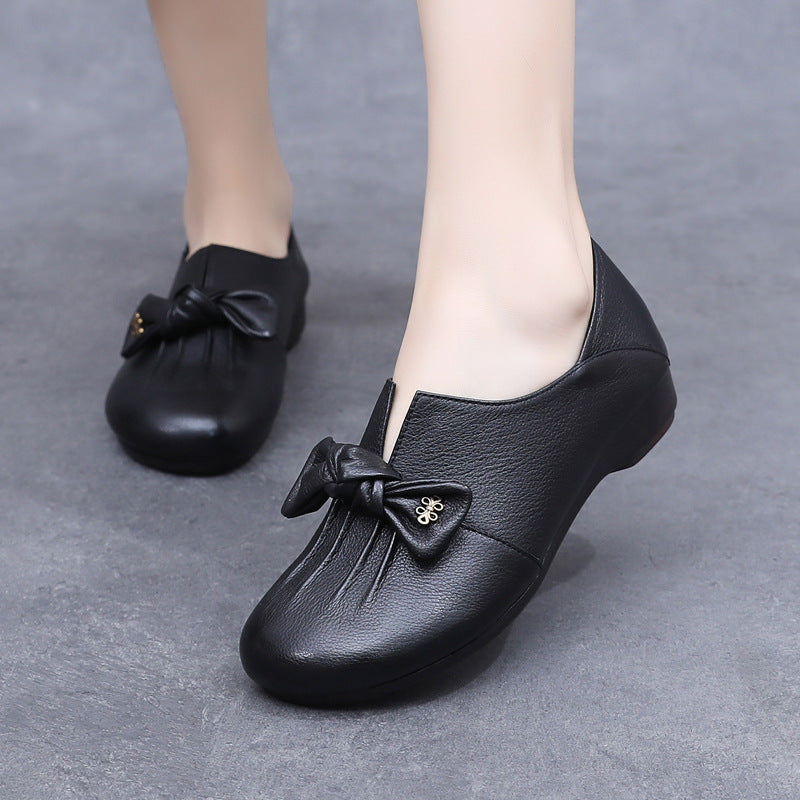 Spring Bowknot Soft-Soled Slip-On Shoes in Black and Brown