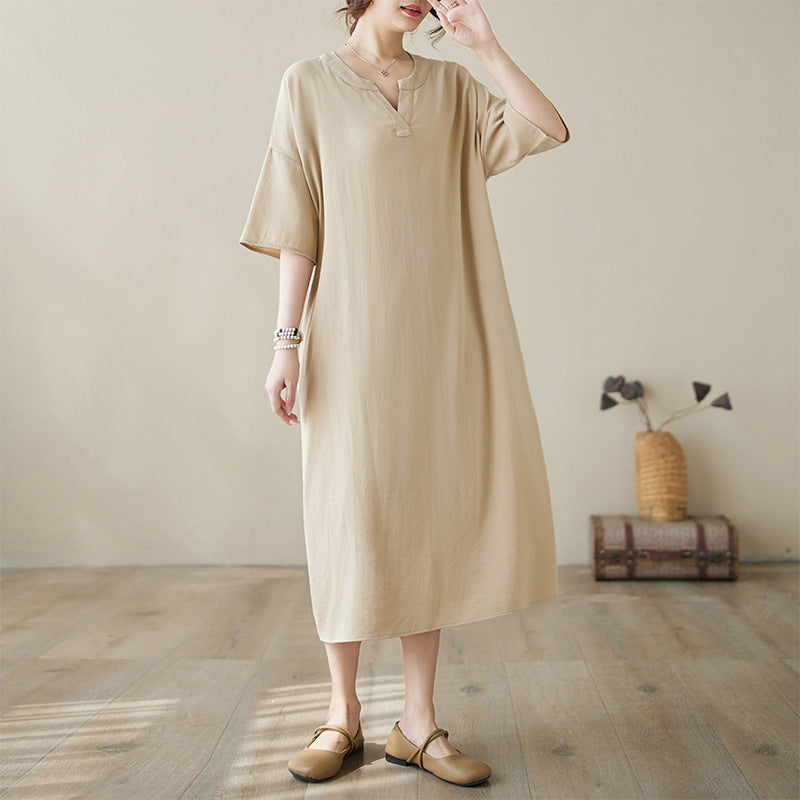 Babakud Summer Cotton Casual Plus Size Stand Collar Dress