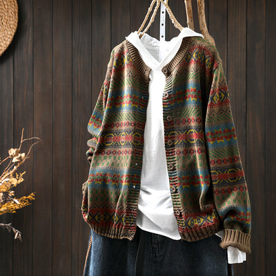 Women Spring Retro Cotton Knit Printed Casual Loose Cardigan
