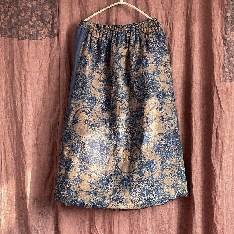 Ethnic Printed Slit Warm Padded Cotton Linen Midi Skirt
