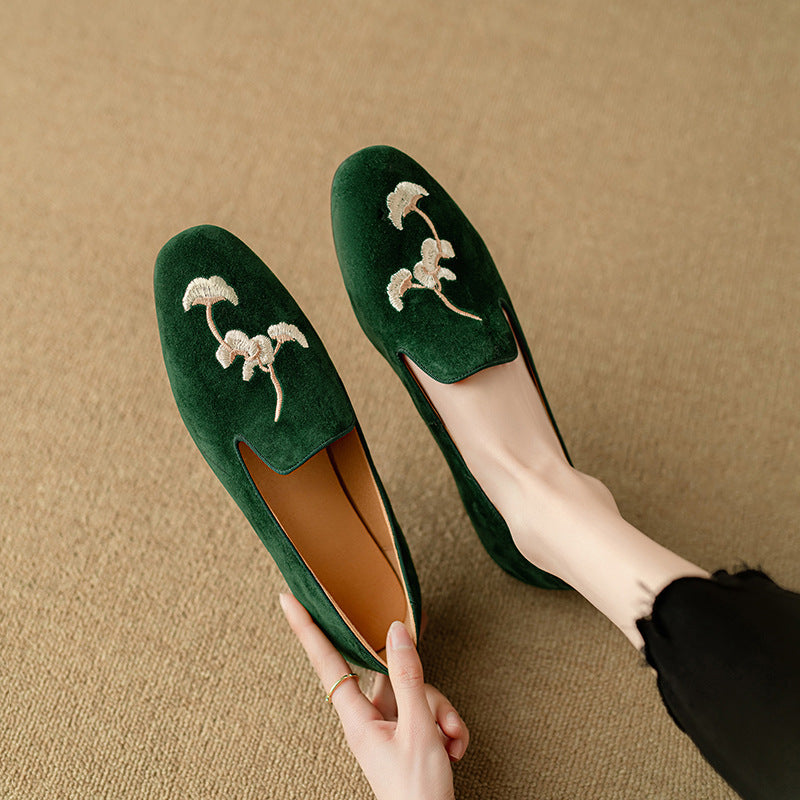 Women Spring Retro Embroidered Suede Loafers with Flat Sole