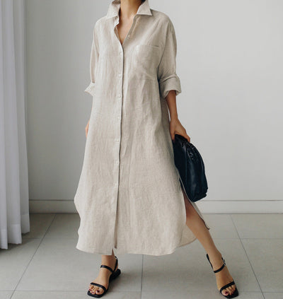 Women Spring Loose Mid-Length Slit Cotton Linen Shirt Dress