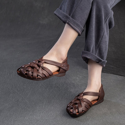 Ladies Fashion Retro Leather Woven Low Heel Soft Sole Sandals