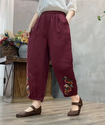 Autumn Linen Embroidered Patchwork Loose Casual Harem Pants