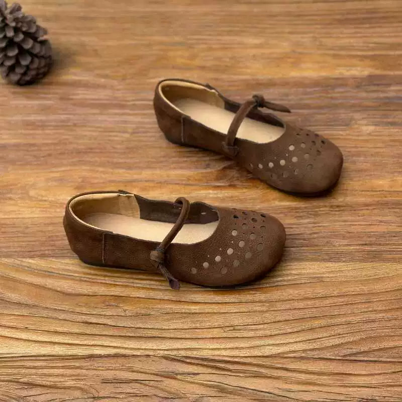 Retro Summer Leather Breathable Hollow Round Toe Soft Shoes