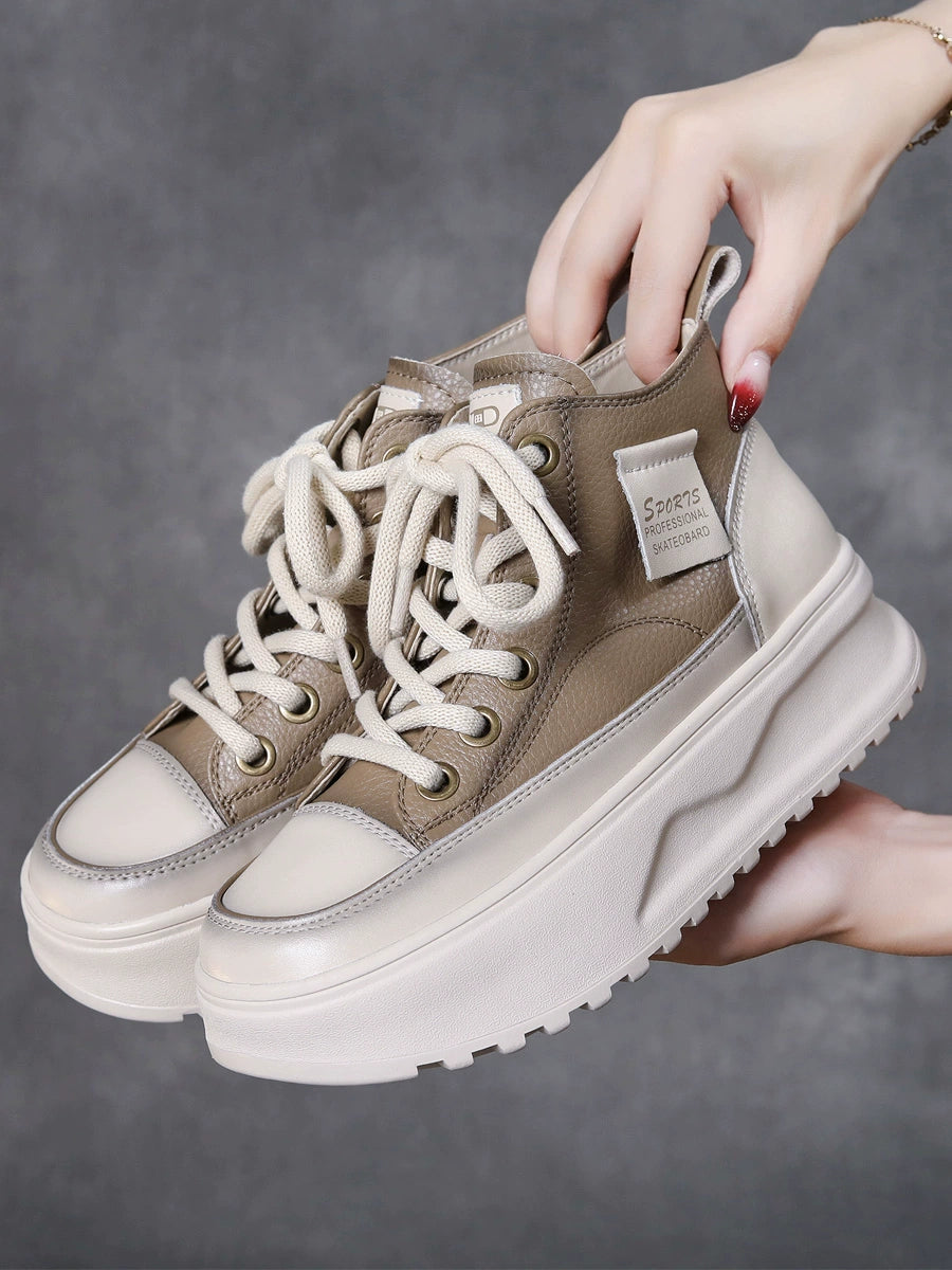 Women Retro Leather Patchwork Platform Lace-Up Shoes