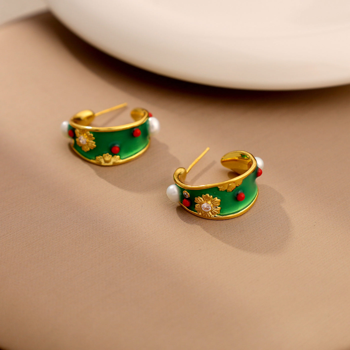 Babakud Women Retro Green Enamel Floral Earrings with Pearls