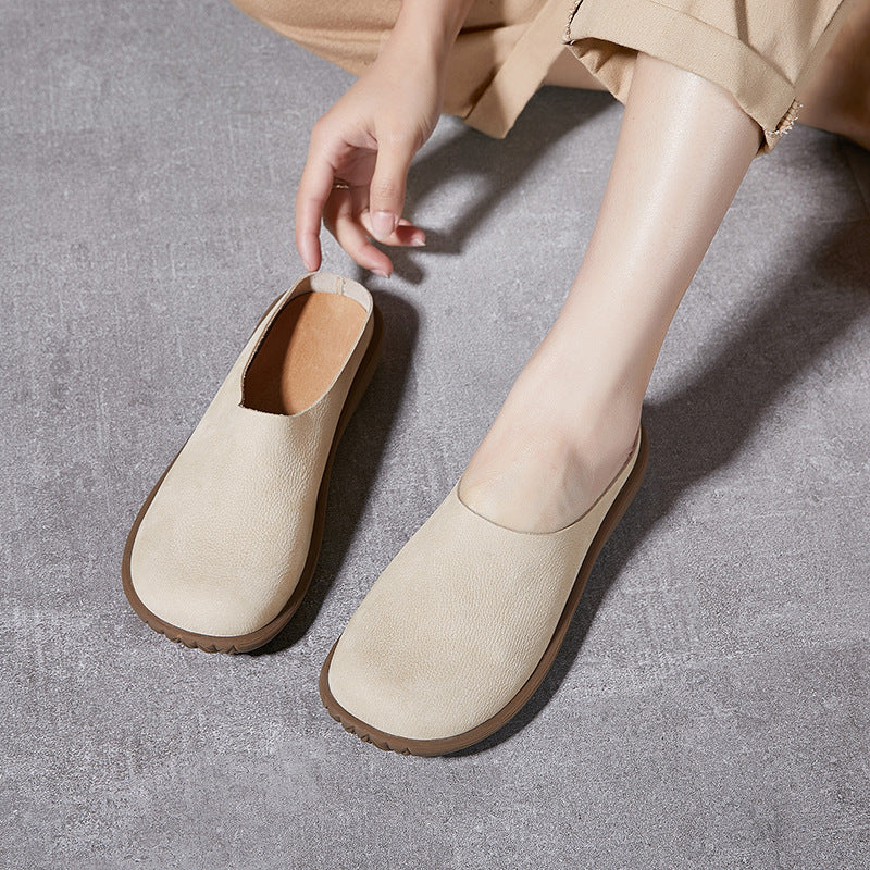 Women Spring Retro Soft Sole Genuine Leather Low Heel Slippers