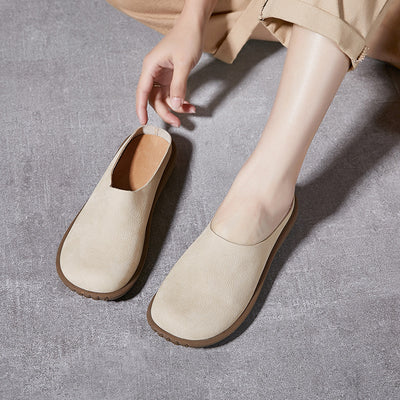 Women Spring Retro Soft Sole Genuine Leather Low Heel Slippers