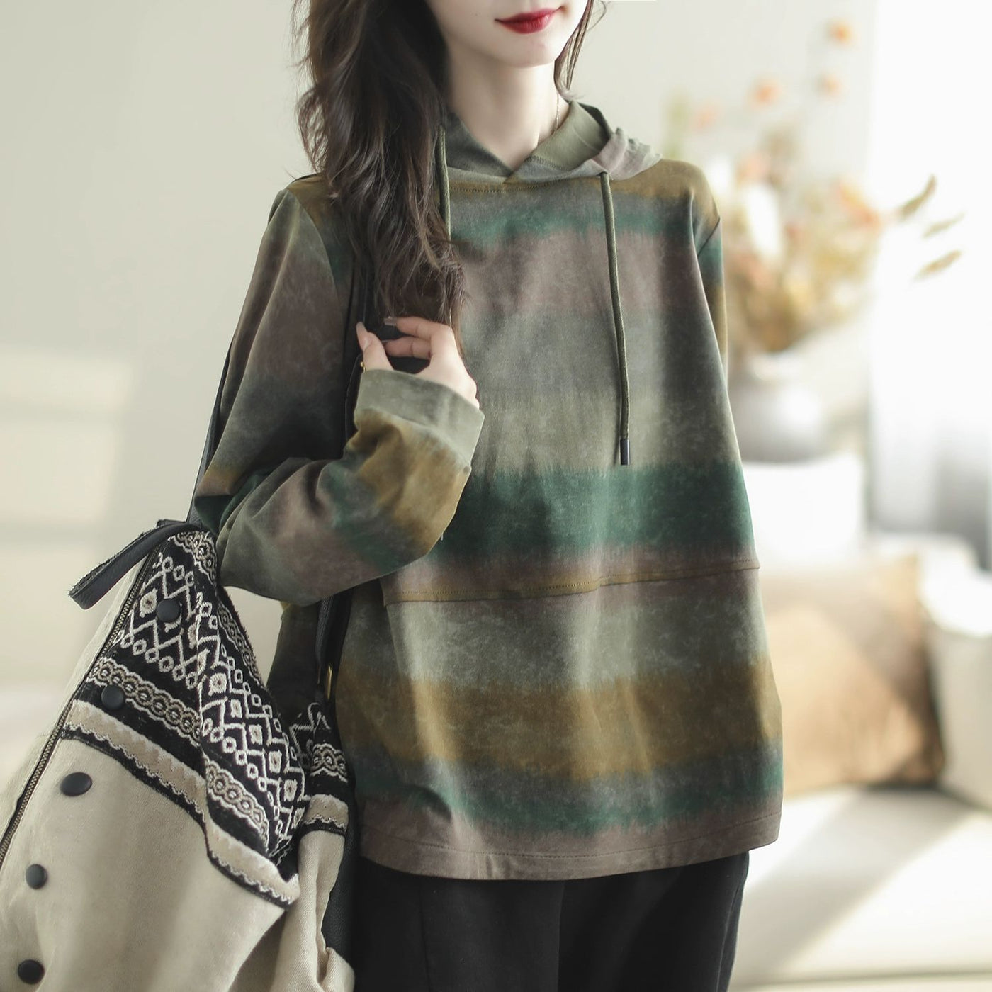 Women Spring Casual Loose Color Block Striped Hooded Sweatshirt