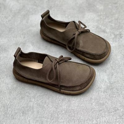 Ladies Retro Handmade Genuine Leather Lace-Up Suede Flats