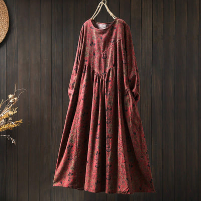 Women Spring Retro Cotton-Linen Printed Blossom Maxi Dress
