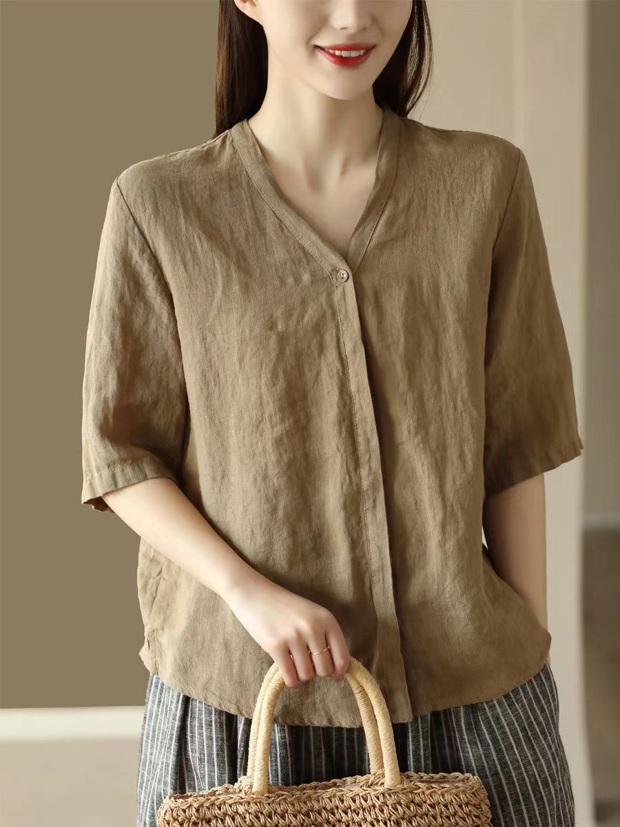 Babakud Summer Retro Casual Stonewashed V-Neck Shirt