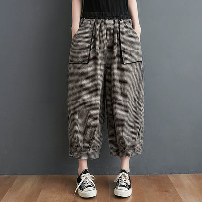 Large Pockets Plaid Elastic Waist Casual Cotton Linen Pants