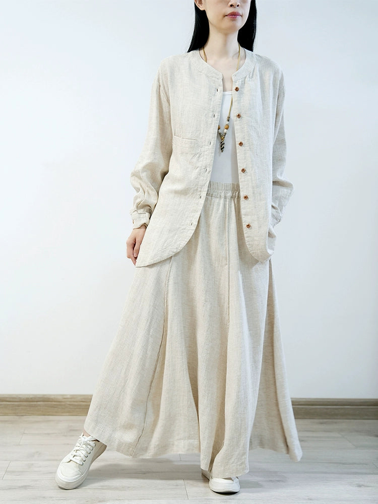 Linen Washed Stand Collar Long Sleeves Loose Versatile Coat