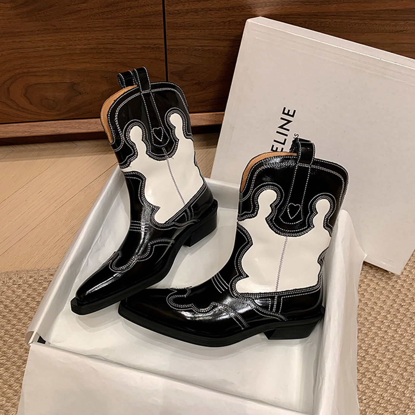 Retro Vintage Genuine Leather Pointed Toe Patchwork Boots