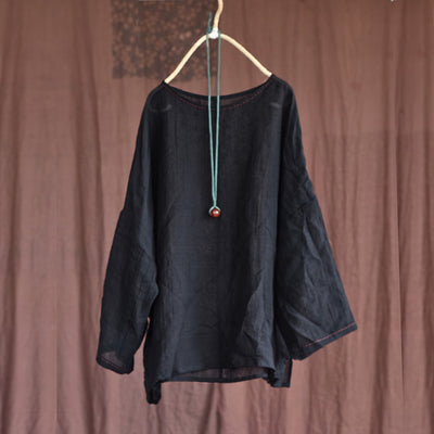 Women Retro Crinkled Long Sleeves Lightweight Ramie Blouse