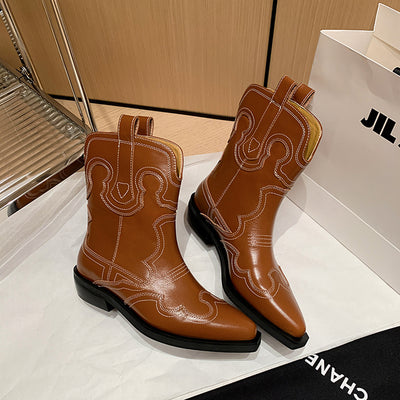 Retro Vintage Genuine Leather Pointed Toe Patchwork Boots