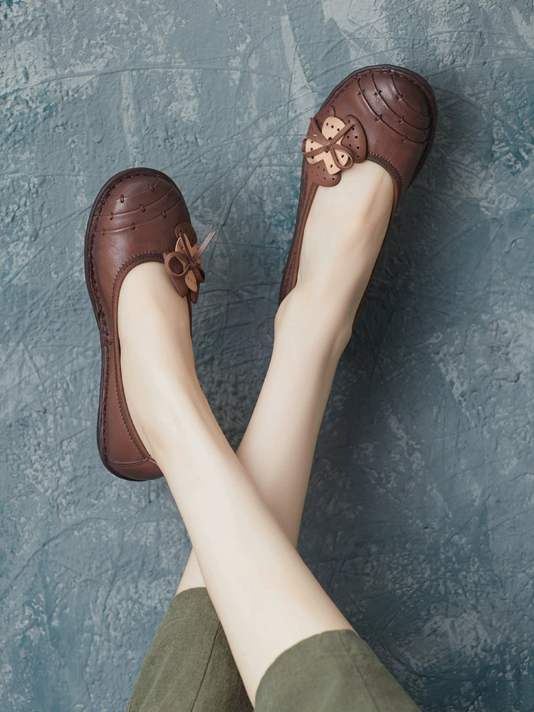 Summer Retro Genuine Leather Shallow Soft Sole Bow Shoes
