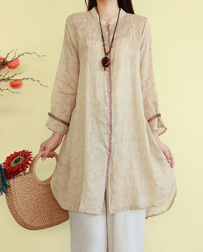 Women Spring Embroidered Loose Cotton Linen Mid-Length Shirt