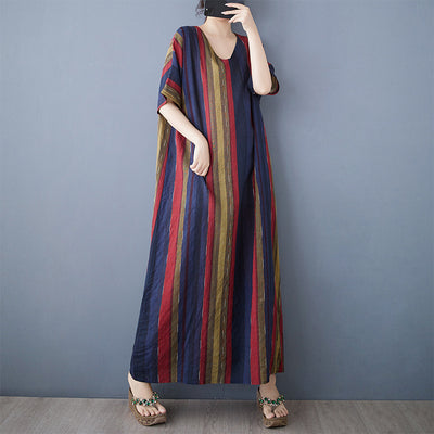Women Spring Vintage Cotton-Linen Striped Loose Long Dress