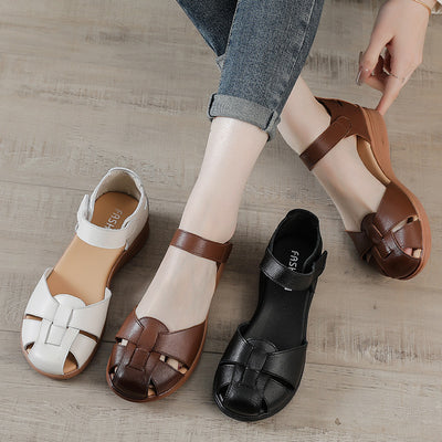 Women Summer Comfortable Genuine Leather Wedge Velcro Sandals