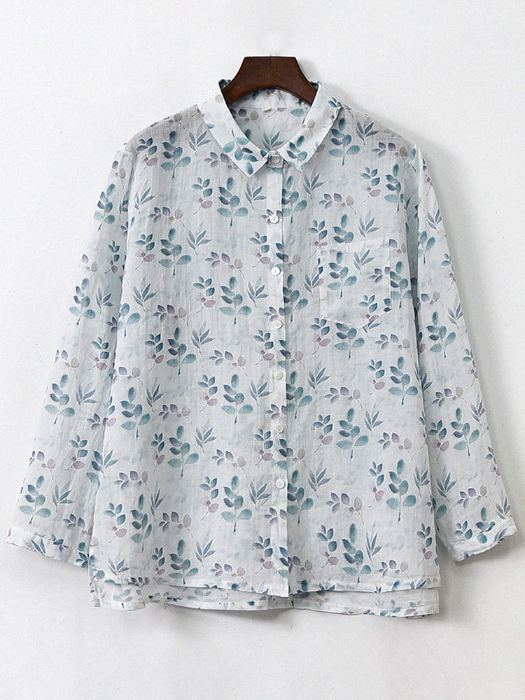 Women Long Sleeves Printed Loose Retro Cotton Ramie Shirt
