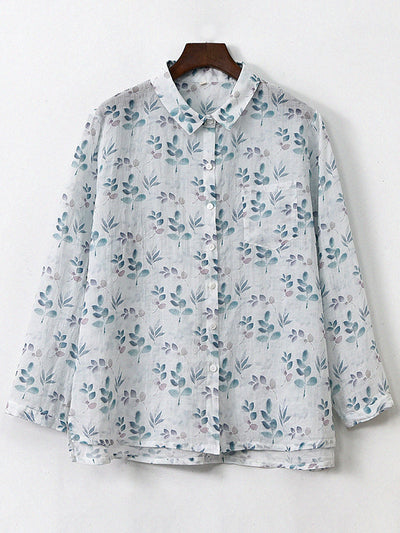 Women Long Sleeves Printed Loose Retro Cotton Ramie Shirt