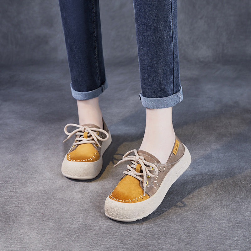 Women Color Block Genuine Leather Flat Casual Shoes