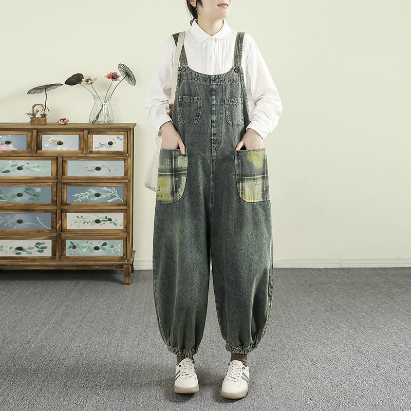 Women Spring Vintage Cotton Denim Patchwork Loose Jumpsuit
