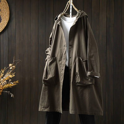 Women Spring Retro Pure Cotton Hooded Coat with Pockets