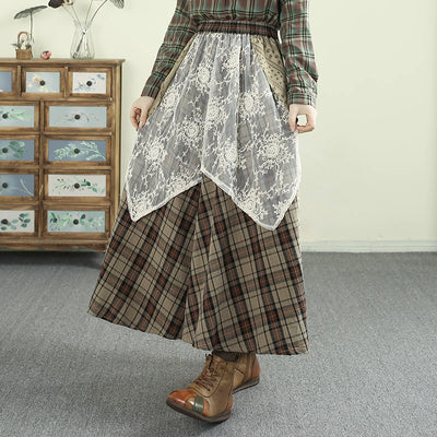Women Spring Artistic Lace and Plaid Cotton Fashion Skirt
