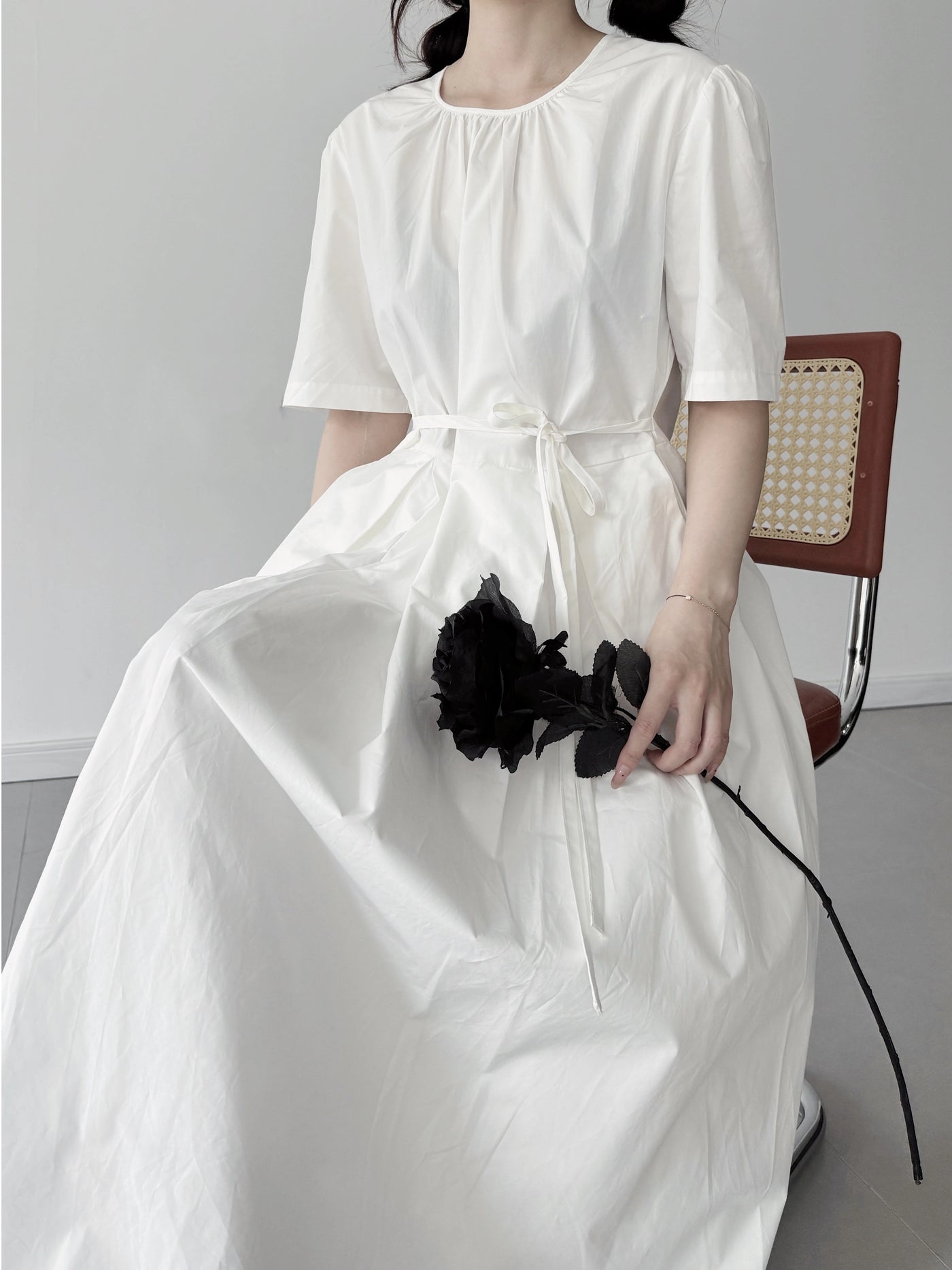 Babakud Fashionable Cotton Casual Round Neck Lace Up Dress