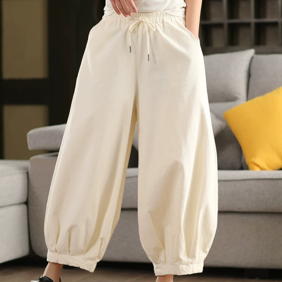 Women Spring Retro Cotton Solid Color Harem Pants