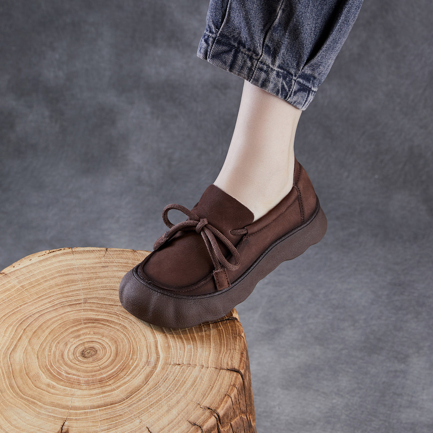 Retro Top Leather Round Toe Platform Lace-Up Slip-On Shoes