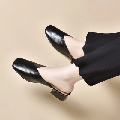 Women Summer Leather Mules Closed Toe Chunky Heel Slip-Ons Shoes