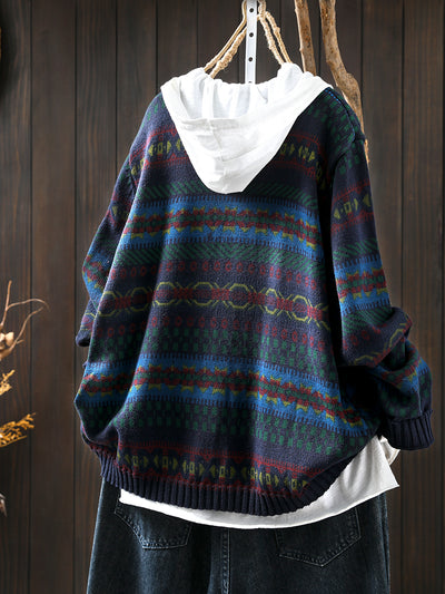 Women Spring Retro Cotton Knit Printed Casual Loose Cardigan