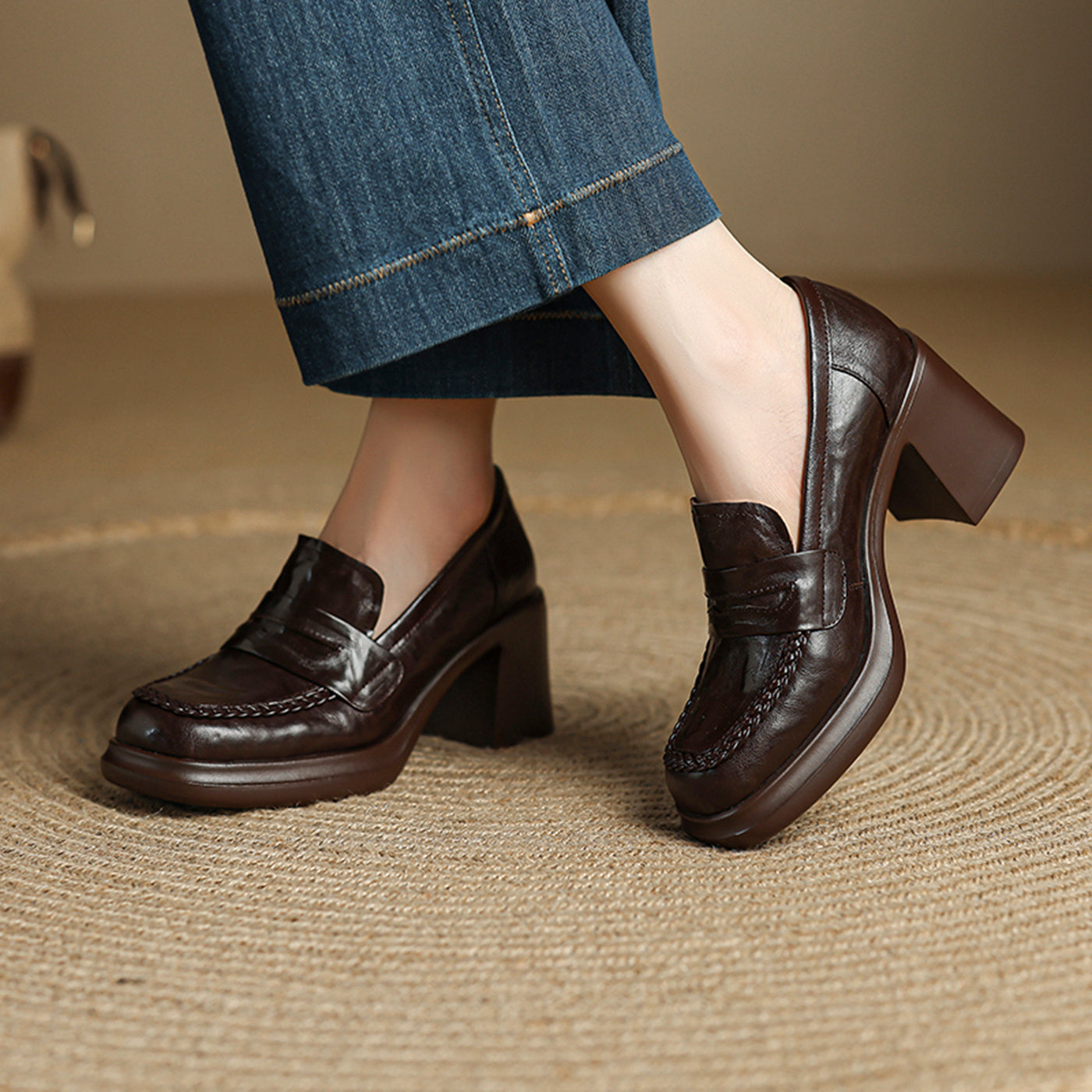 Vintage Fashionable Sheepskin Leather Chunky Platform Shoes