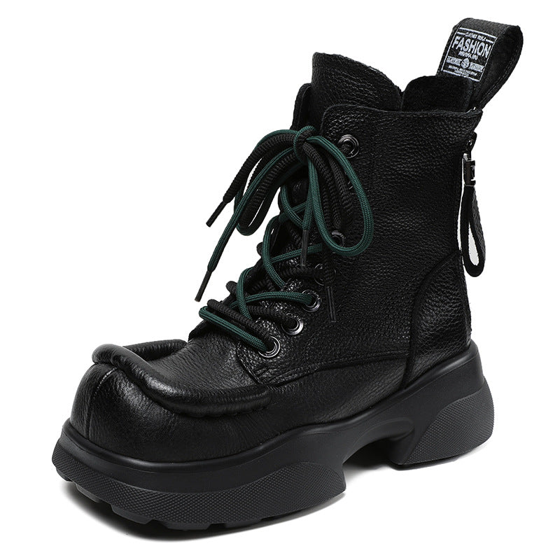 Ladies Stylish Square Toe Platform Lace-Up Leather Martin Boots