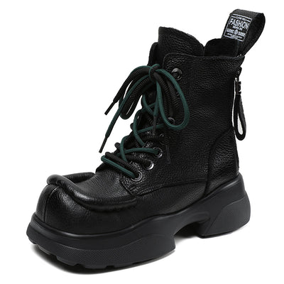 Ladies Stylish Square Toe Platform Lace-Up Leather Martin Boots