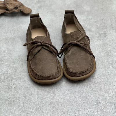 Ladies Retro Handmade Genuine Leather Lace-Up Suede Flats