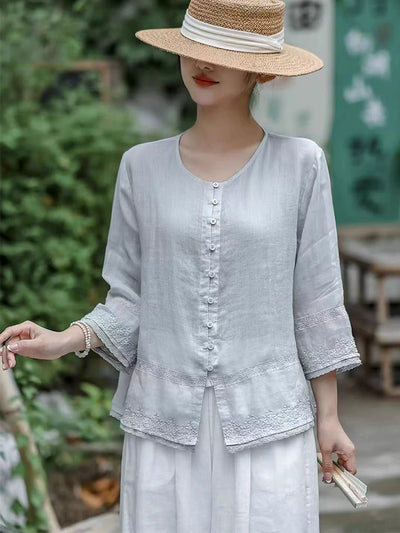 Babakud Retro Ramie Single-Breasted Embroidered Shirt