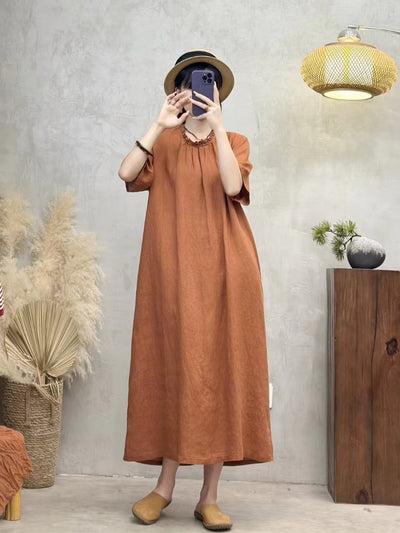 Babakud Retro Linen Ruffle Lapel Lace-Up Short Sleeves Dress