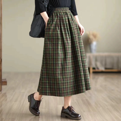 Women Summer Retro Cotton Plaid Loose Versatile A-Line Skirt