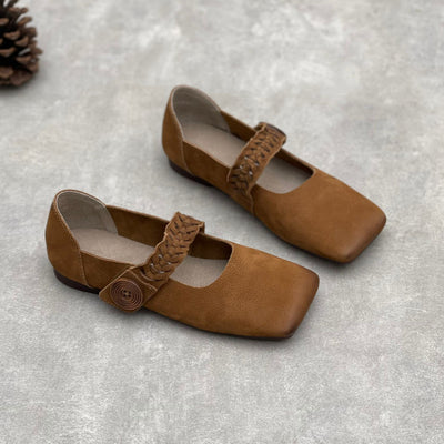 Artistic Retro Square Toe Handmade Woven Strap Leather Flats